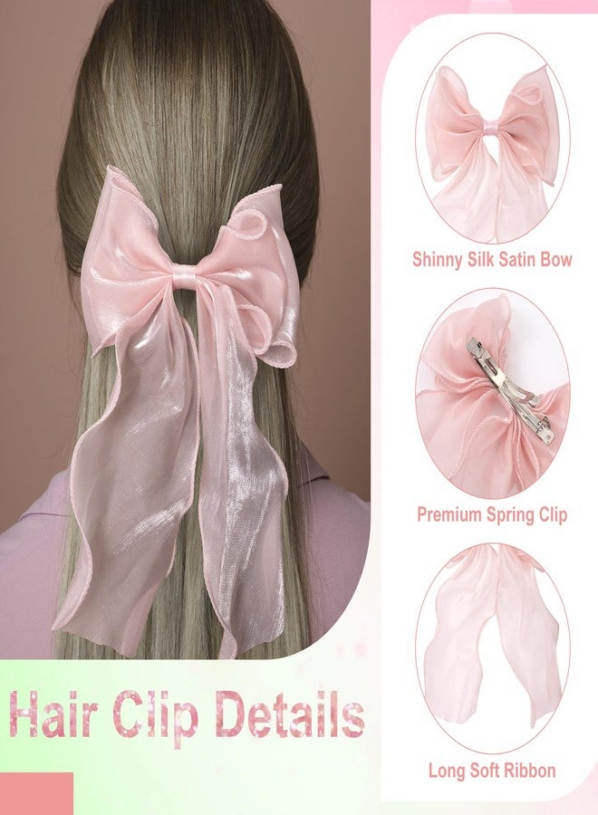 STSTR 2Pcs Large Hair Bow Clips, Pink Silk Yarn Ribbon Bow Hair Barrette for Women, Elegant Long Tail Bowknot French Hair Accessories for Wedding, Parties, Festivals - Image 4